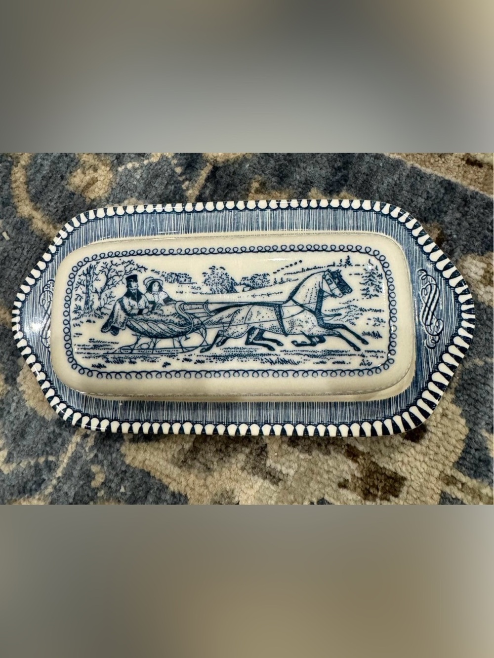 Covered butter dish. Royal China Company (Made in USA). Currier & Ives